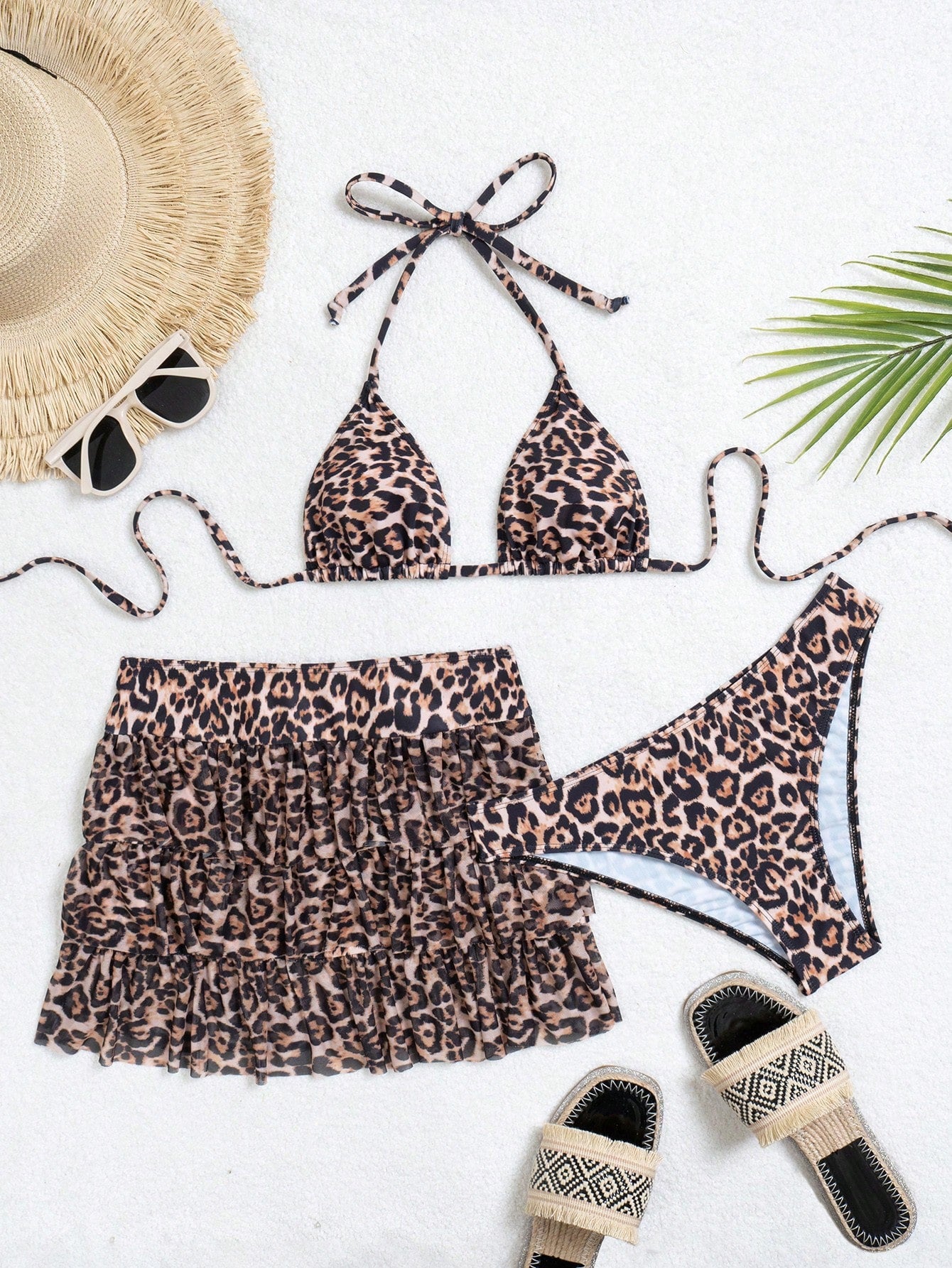 Women's Summer Beach Leopard Print Halter Tie Sexy Bikini Set With Matching Mini Skirt Vacation