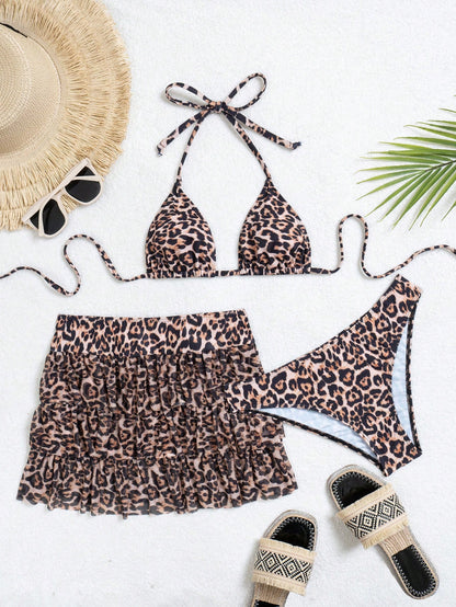 Women's Summer Beach Leopard Print Halter Tie Sexy Bikini Set With Matching Mini Skirt Vacation
