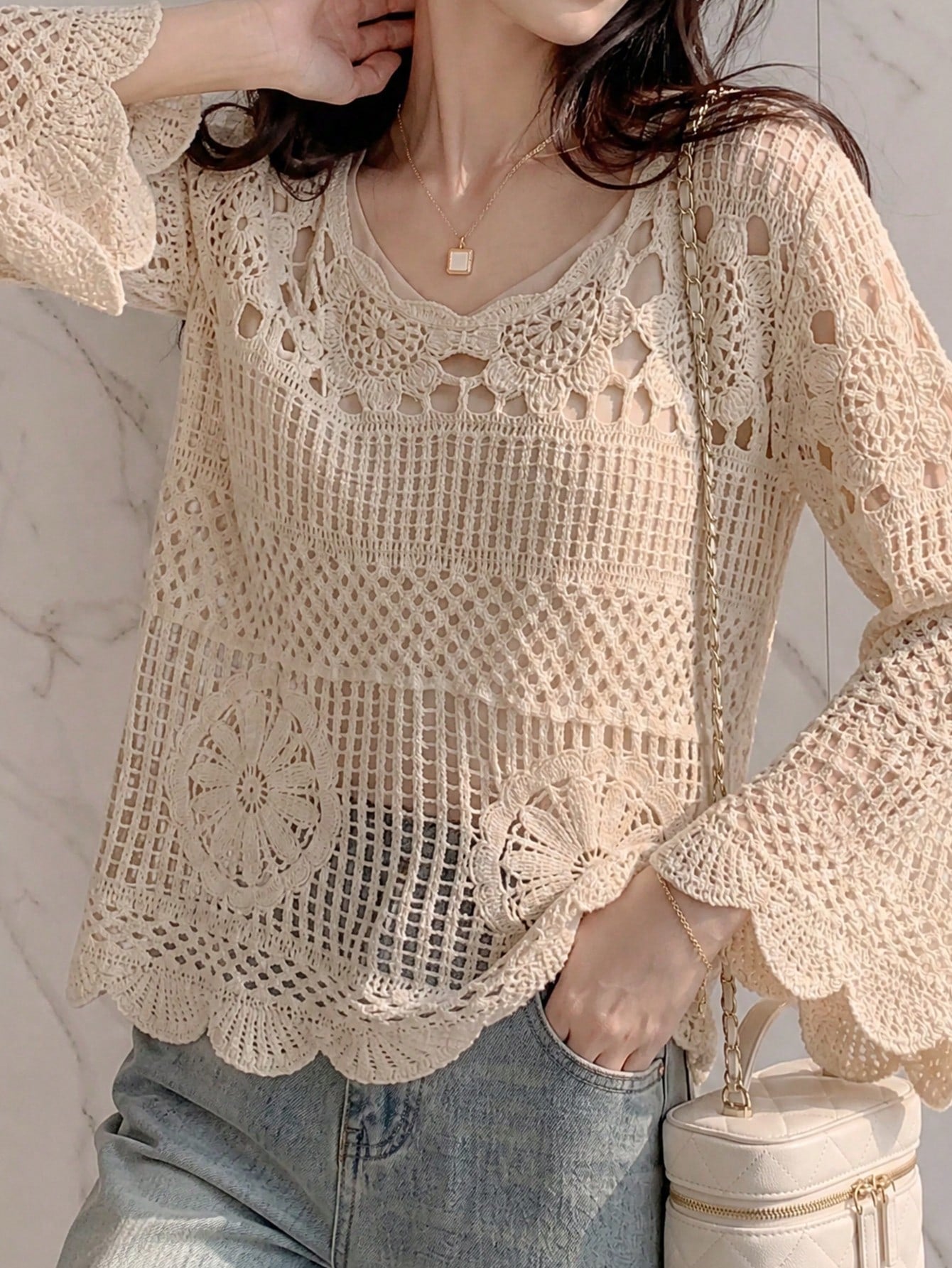 Women's Summer Bohemian Style Hollow Out Blouse| Ruffle Hem Loose Beach Cover Up, Suitable For Vacation, Seaside And Summer Music Festival