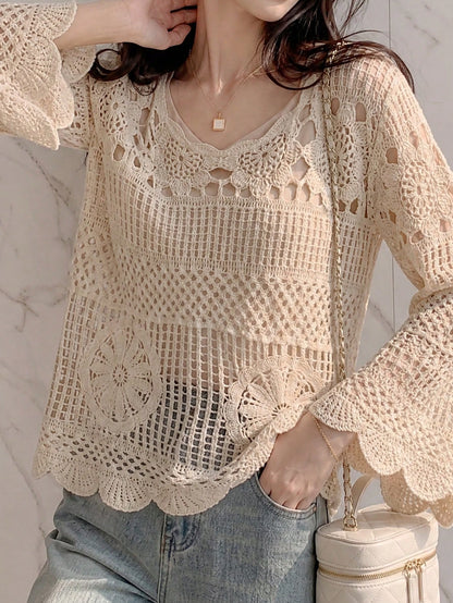 Women's Summer Bohemian Style Hollow Out Blouse| Ruffle Hem Loose Beach Cover Up, Suitable For Vacation, Seaside And Summer Music Festival