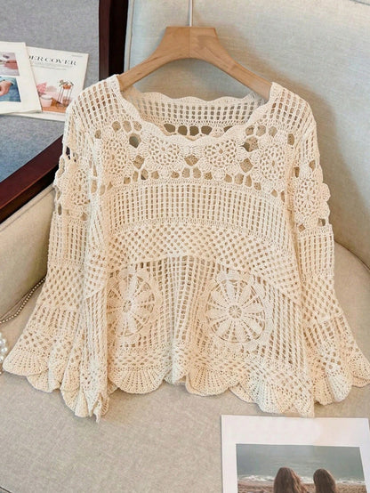 Women's Summer Bohemian Style Hollow Out Blouse| Ruffle Hem Loose Beach Cover Up, Suitable For Vacation, Seaside And Summer Music Festival