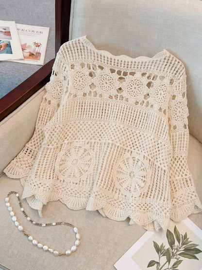 Women's Summer Bohemian Style Hollow Out Blouse| Ruffle Hem Loose Beach Cover Up, Suitable For Vacation, Seaside And Summer Music Festival