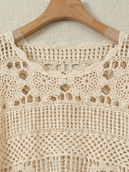 Women's Summer Bohemian Style Hollow Out Blouse| Ruffle Hem Loose Beach Cover Up, Suitable For Vacation, Seaside And Summer Music Festival