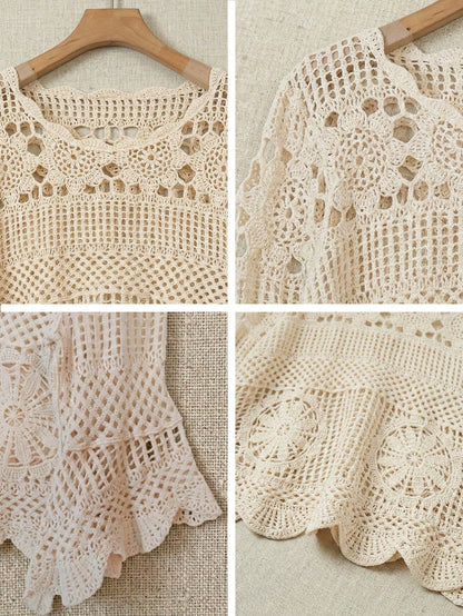 Women's Summer Bohemian Style Hollow Out Blouse| Ruffle Hem Loose Beach Cover Up, Suitable For Vacation, Seaside And Summer Music Festival