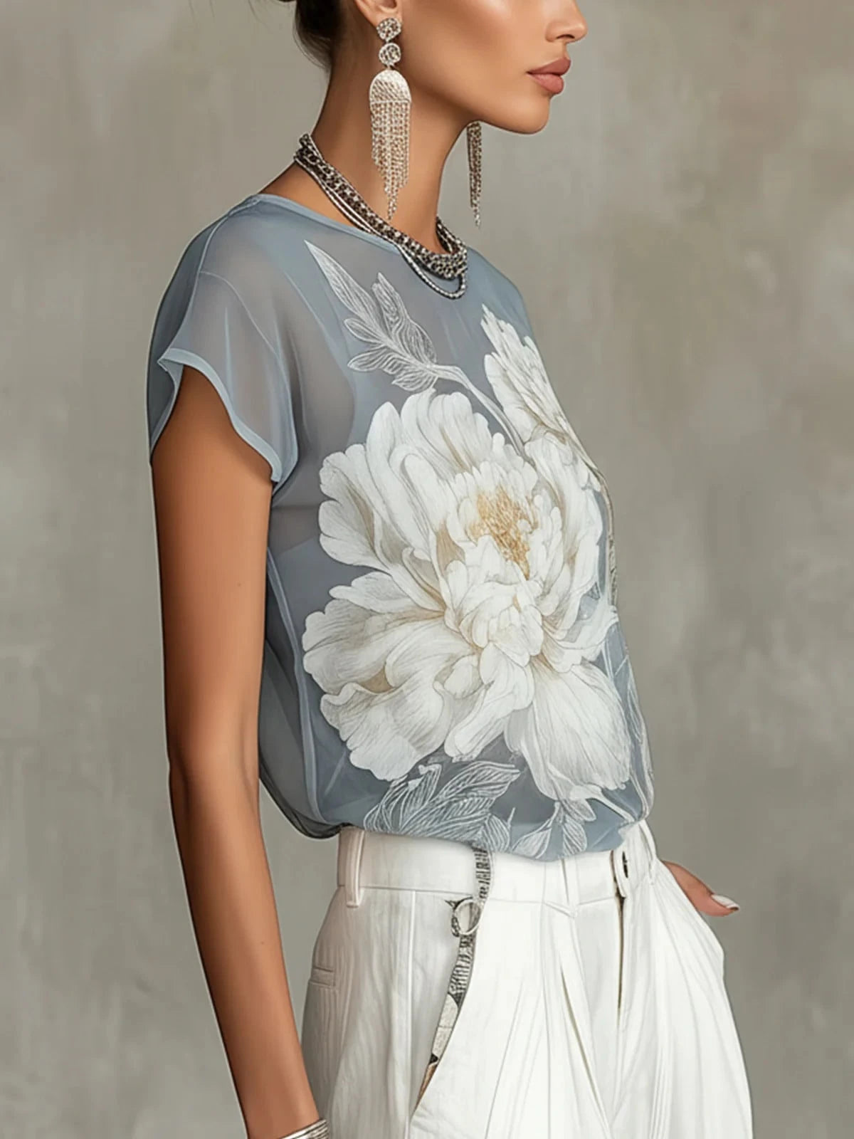Women's Summer Bohemian Vacation Sheer Blue Floral Print Chiffon Blouse