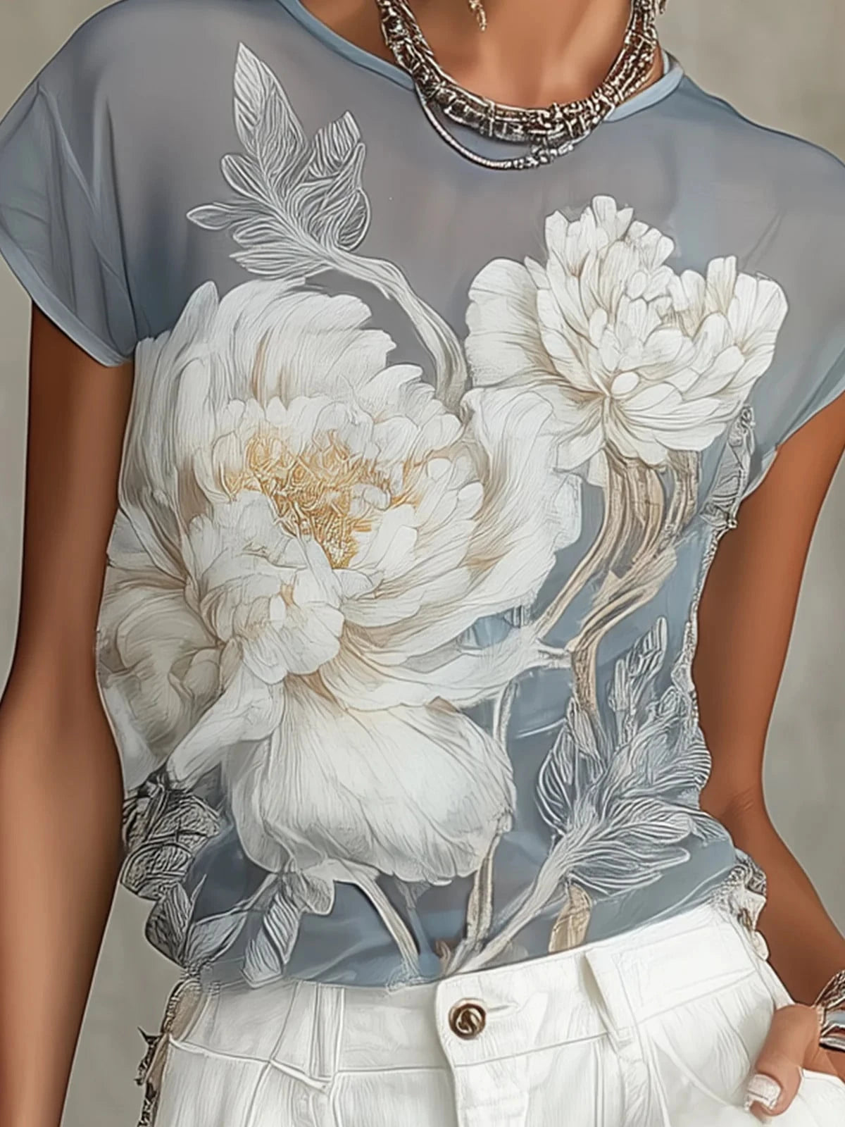 Women's Summer Bohemian Vacation Sheer Blue Floral Print Chiffon Blouse