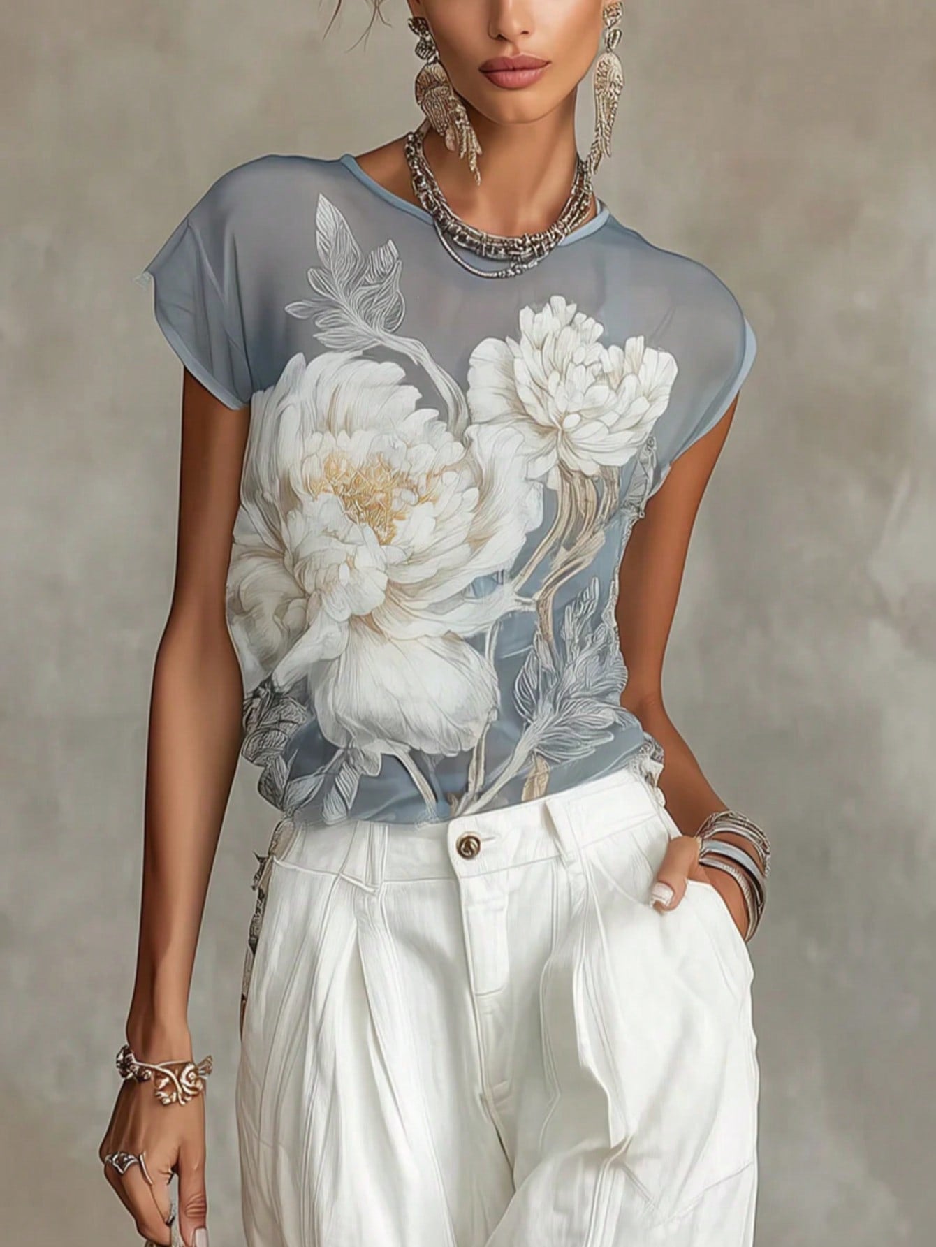 Women's Summer Bohemian Vacation Sheer Blue Floral Print Chiffon Blouse