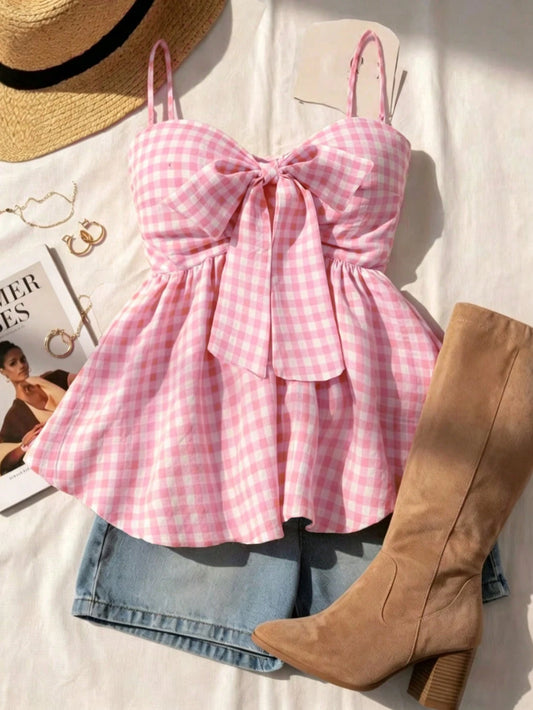 Women's Summer Camisole, Women's Plaid Camisole Top For Vacation, Graduation, Wedding, Back To School, Vintage Style, Party, Lunch, Cute Casual Summer, Sweet Romantic Country Style, Textured, Loose Co
