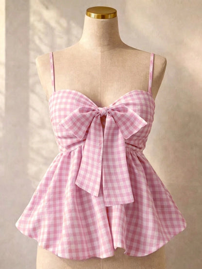 Women's Summer Camisole, Women's Plaid Camisole Top For Vacation, Graduation, Wedding, Back To School, Vintage Style, Party, Lunch, Cute Casual Summer, Sweet Romantic Country Style, Textured, Loose Co