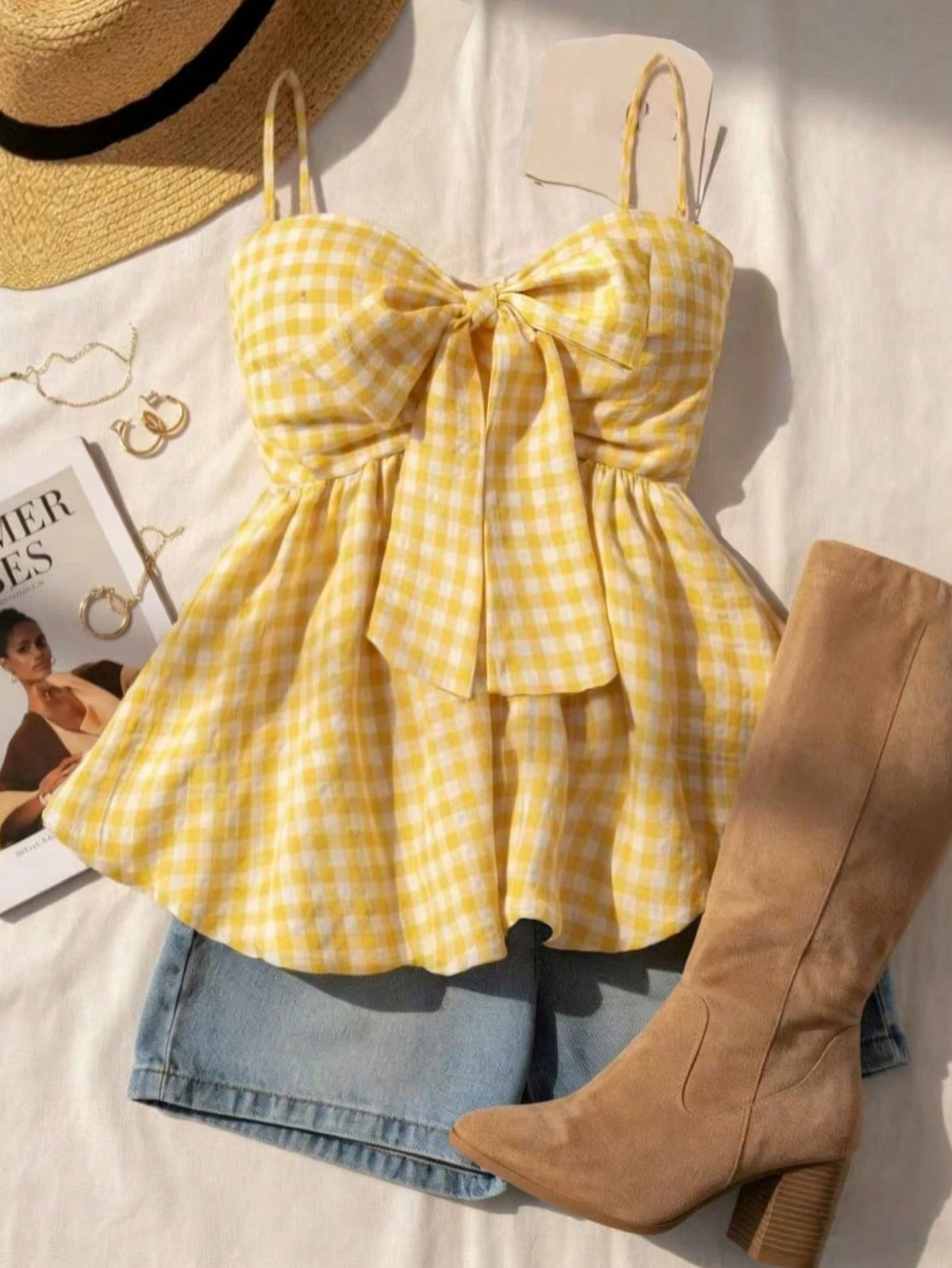 Women's Summer Camisole, Women's Plaid Camisole Top For Vacation, Graduation, Wedding, Back To School, Vintage Style, Party, Lunch, Cute Casual Summer, Sweet Romantic Country Style, Textured, Loose Co