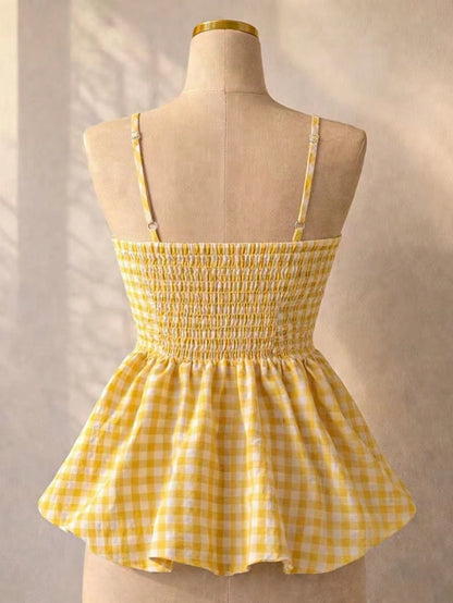 Women's Summer Camisole, Women's Plaid Camisole Top For Vacation, Graduation, Wedding, Back To School, Vintage Style, Party, Lunch, Cute Casual Summer, Sweet Romantic Country Style, Textured, Loose Co