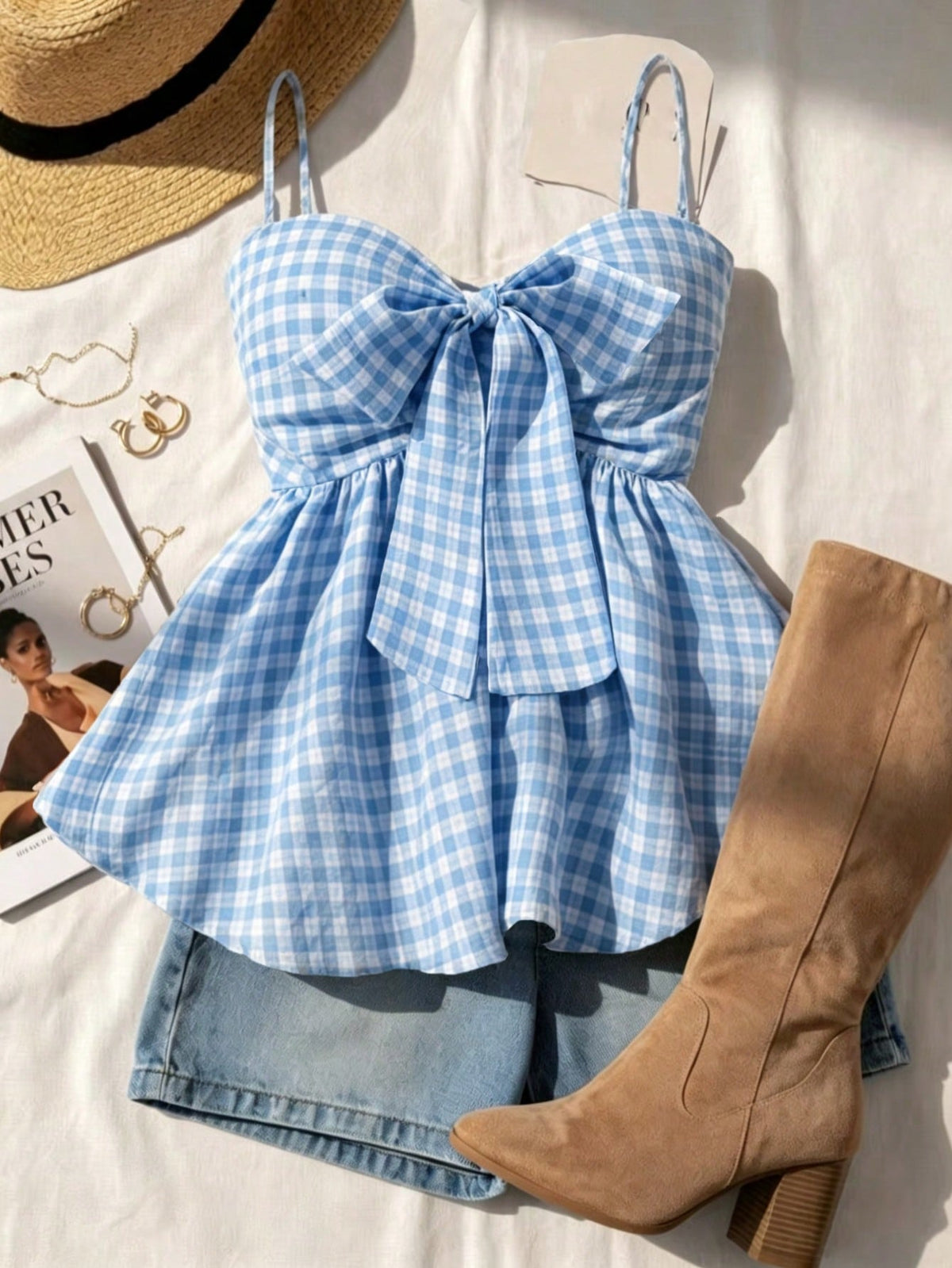 Women's Summer Camisole, Women's Plaid Camisole Top For Vacation, Graduation, Wedding, Back To School, Vintage Style, Party, Lunch, Cute Casual Summer, Sweet Romantic Country Style, Textured, Loose Co
