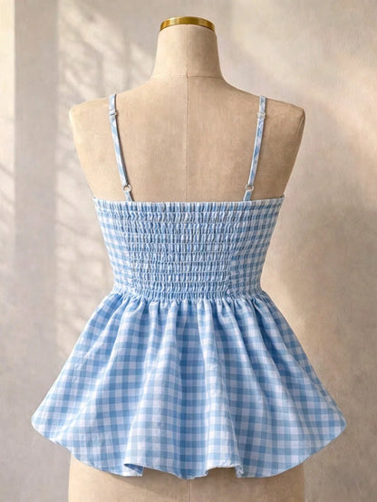 Women's Summer Camisole, Women's Plaid Camisole Top For Vacation, Graduation, Wedding, Back To School, Vintage Style, Party, Lunch, Cute Casual Summer, Sweet Romantic Country Style, Textured, Loose Co
