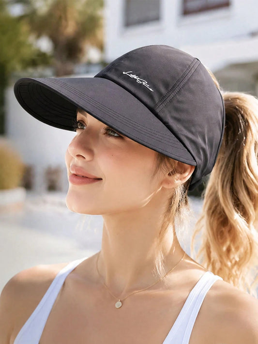 Women's Summer Quick-Dry Wide Brim Sun Hat, Half-Open Top Design, Suitable For Ponytail, UV Protection, Breathable, Suitable For Hiking, Travel And Beach