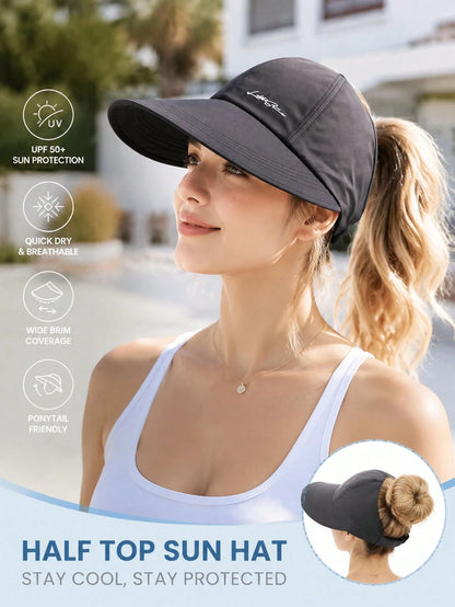 Women's Summer Quick-Dry Wide Brim Sun Hat, Half-Open Top Design, Suitable For Ponytail, UV Protection, Breathable, Suitable For Hiking, Travel And Beach