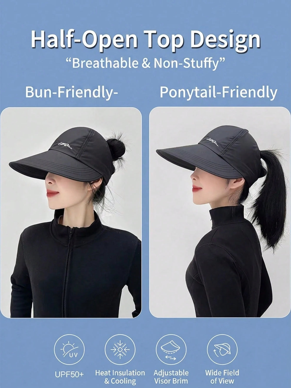 Women's Summer Quick-Dry Wide Brim Sun Hat, Half-Open Top Design, Suitable For Ponytail, UV Protection, Breathable, Suitable For Hiking, Travel And Beach