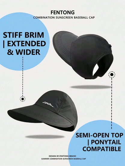 Women's Summer Quick-Dry Wide Brim Sun Hat, Half-Open Top Design, Suitable For Ponytail, UV Protection, Breathable, Suitable For Hiking, Travel And Beach