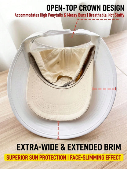 Women's Summer Quick-Dry Wide Brim Sun Hat, Half-Open Top Design, Suitable For Ponytail, UV Protection, Breathable, Suitable For Hiking, Travel And Beach