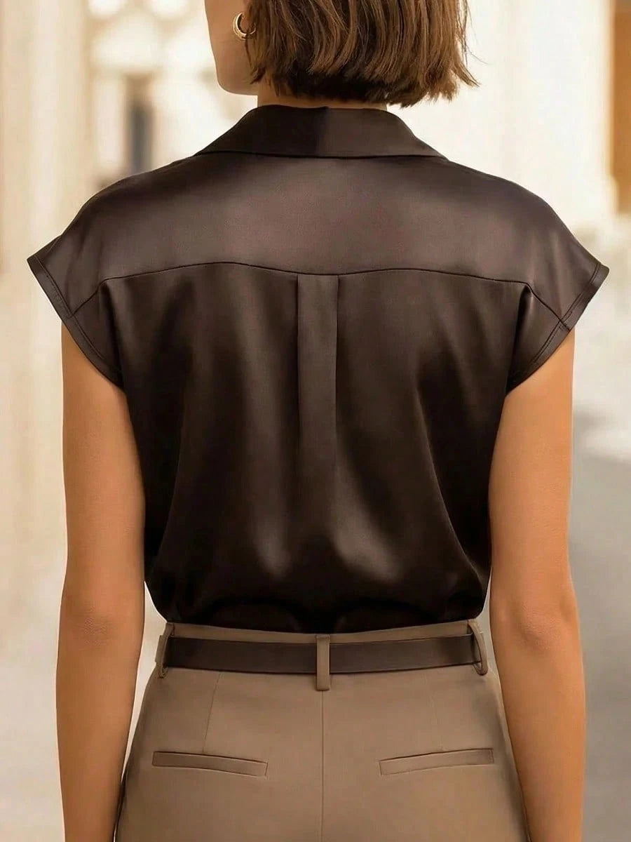 Women's Summer Short Sleeve Top, Elegant Satin Short Sleeve Shirt Collar Blouse, Petal Sleeve Design, Front Button Detail, Regular Length Top