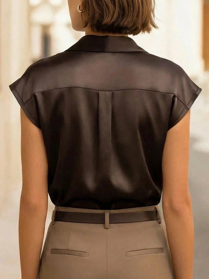 Women's Summer Short Sleeve Top, Elegant Satin Short Sleeve Shirt Collar Blouse, Petal Sleeve Design, Front Button Detail, Regular Length Top
