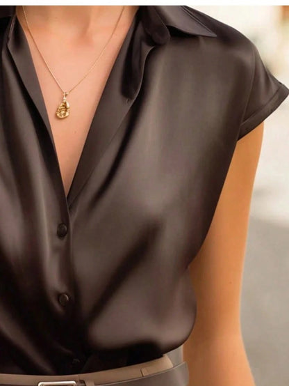 Women's Summer Short Sleeve Top, Elegant Satin Short Sleeve Shirt Collar Blouse, Petal Sleeve Design, Front Button Detail, Regular Length Top