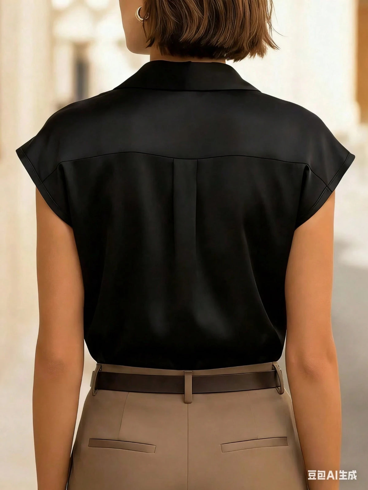 Women's Summer Short Sleeve Top, Elegant Satin Short Sleeve Shirt Collar Blouse, Petal Sleeve Design, Front Button Detail, Regular Length Top
