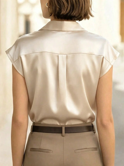 Women's Summer Short Sleeve Top, Elegant Satin Short Sleeve Shirt Collar Blouse, Petal Sleeve Design, Front Button Detail, Regular Length Top