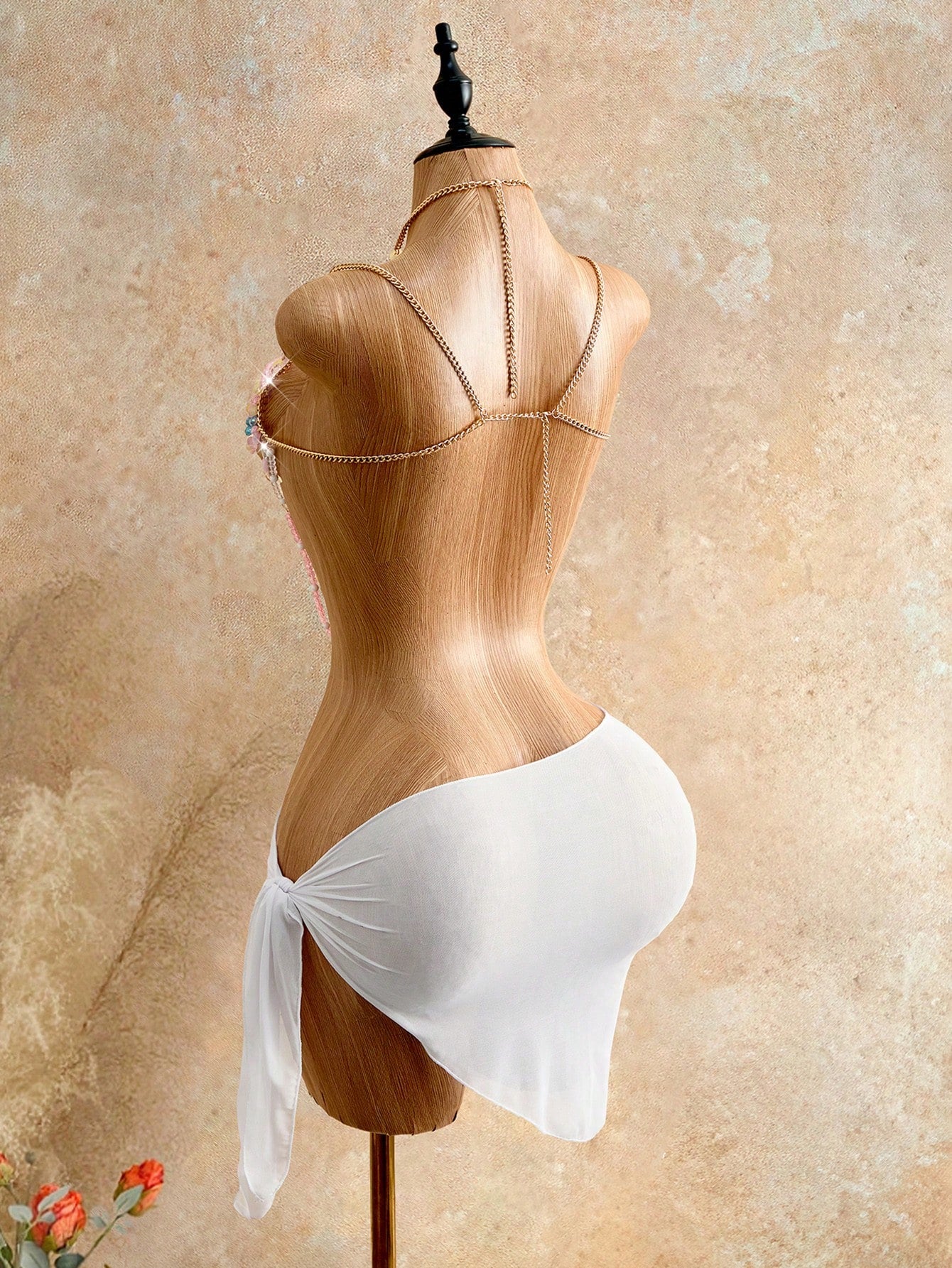 Women's Summer Vacation Boho Ribbed Pearl Chain Strap Backless Camisole Music Festival White