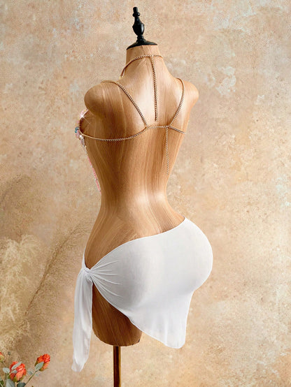 Women's Summer Vacation Boho Ribbed Pearl Chain Strap Backless Camisole Music Festival White