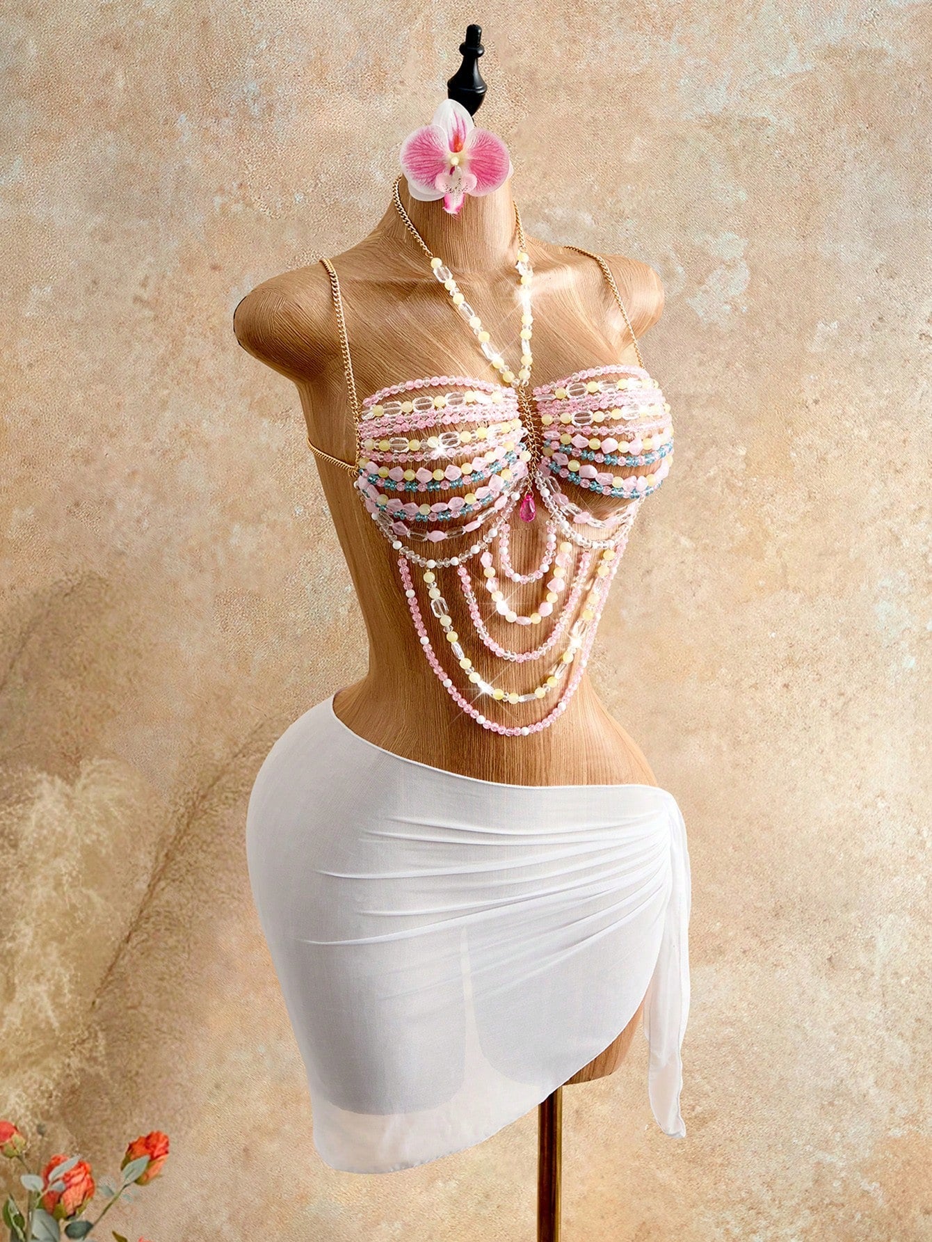 Women's Summer Vacation Boho Ribbed Pearl Chain Strap Backless Camisole Music Festival White