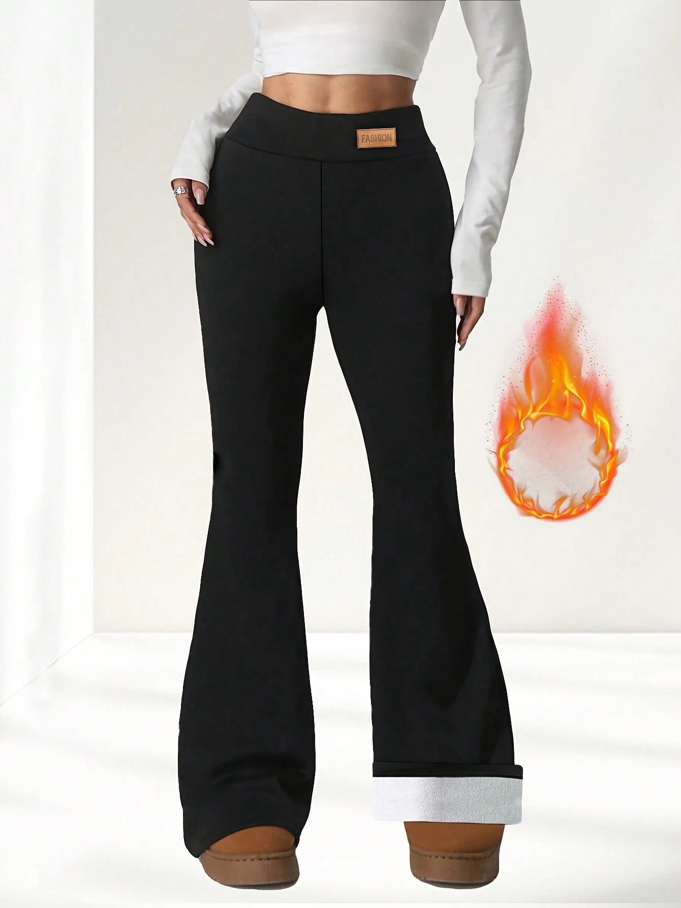 Women's Thick Flared Leggings, Black Winter Base Layer Pants, Suitable For Casual Wear, Warm Flared Design Long Pants, Fashionable Comfortable And Fitted