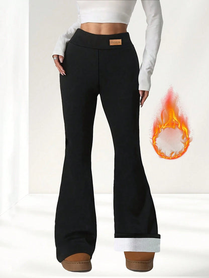 Women's Thick Flared Leggings, Black Winter Base Layer Pants, Suitable For Casual Wear, Warm Flared Design Long Pants, Fashionable Comfortable And Fitted
