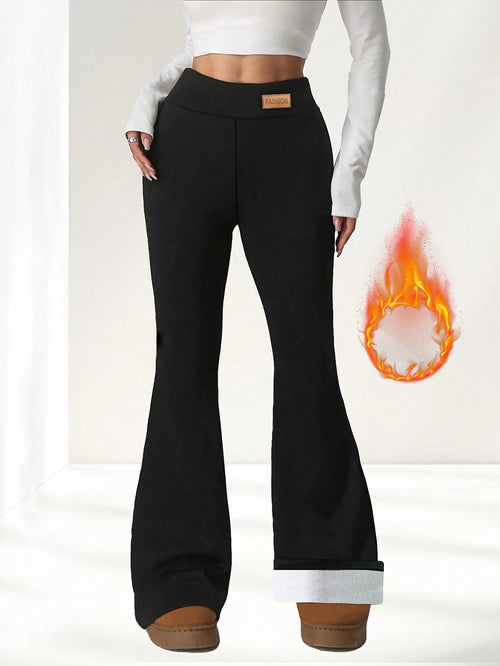 Women's Thick Flared Leggings, Black Winter Base Layer Pants, Suitable For Casual Wear, Warm Flared Design Long Pants, Fashionable Comfortable And Fitted