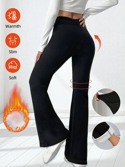 Women's Thick Flared Leggings, Black Winter Base Layer Pants, Suitable For Casual Wear, Warm Flared Design Long Pants, Fashionable Comfortable And Fitted