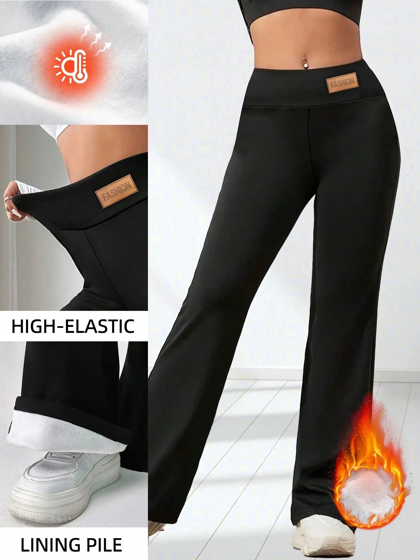 Women's Thick Flared Leggings, Black Winter Base Layer Pants, Suitable For Casual Wear, Warm Flared Design Long Pants, Fashionable Comfortable And Fitted