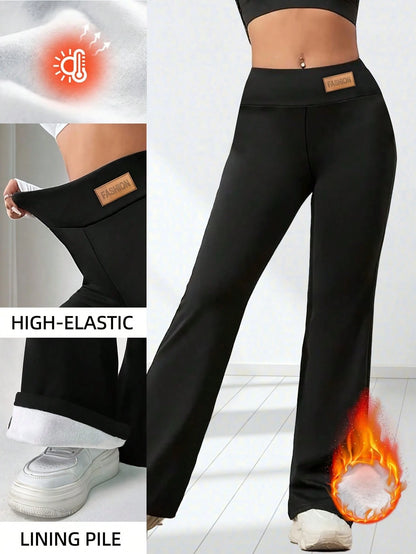 Women's Thick Flared Leggings, Black Winter Base Layer Pants, Suitable For Casual Wear, Warm Flared Design Long Pants, Fashionable Comfortable And Fitted