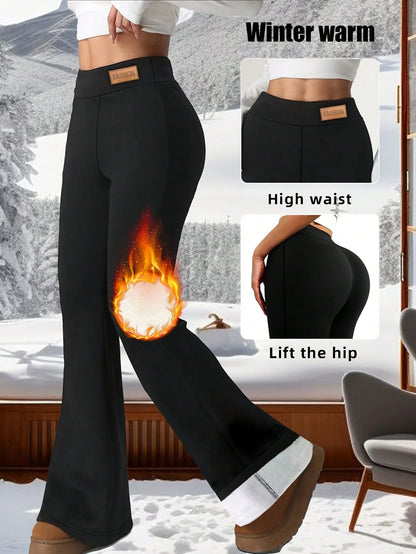Women's Thick Flared Leggings, Black Winter Base Layer Pants, Suitable For Casual Wear, Warm Flared Design Long Pants, Fashionable Comfortable And Fitted