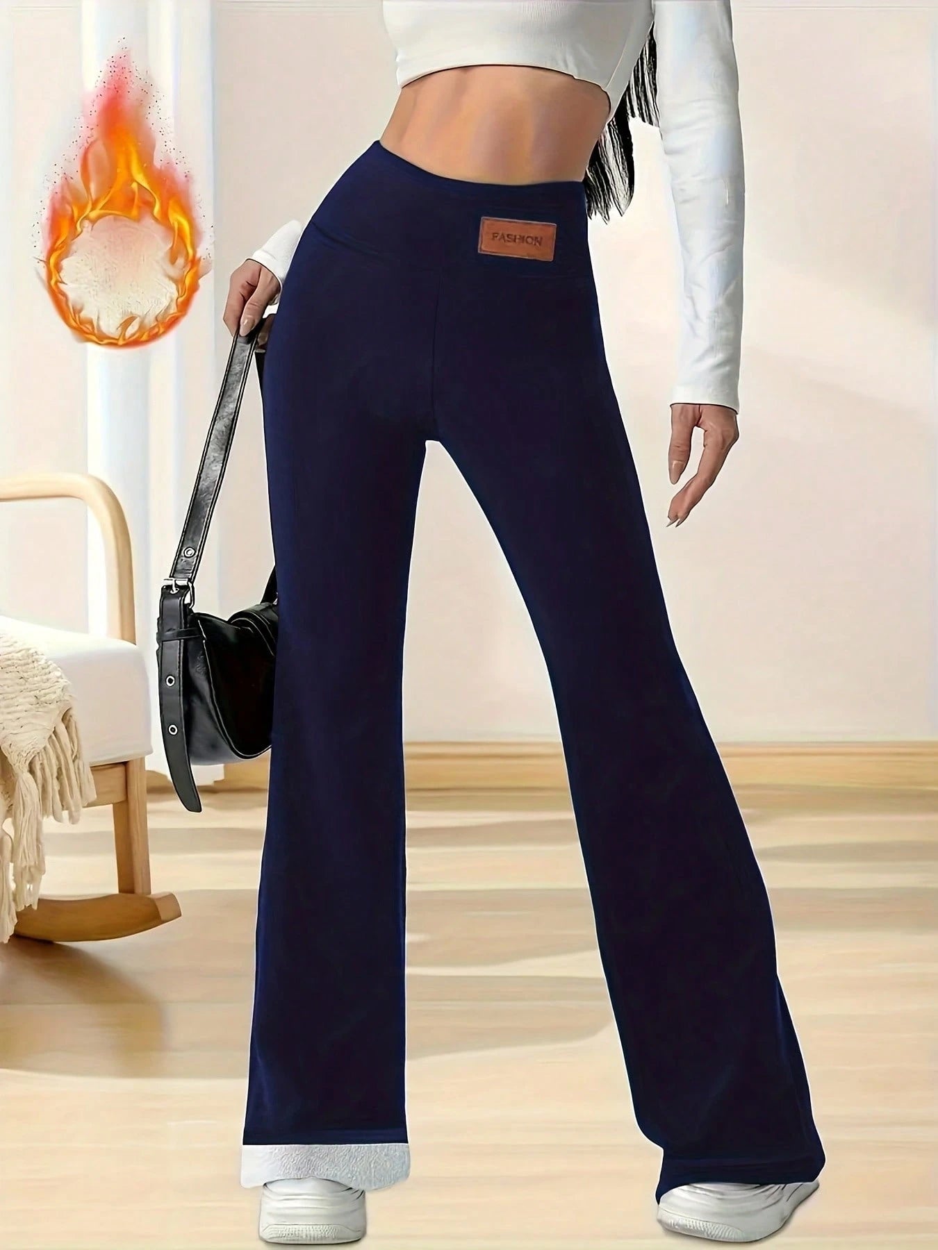 Women's Thick Flared Leggings, Black Winter Base Layer Pants, Suitable For Casual Wear, Warm Flared Design Long Pants, Fashionable Comfortable And Fitted