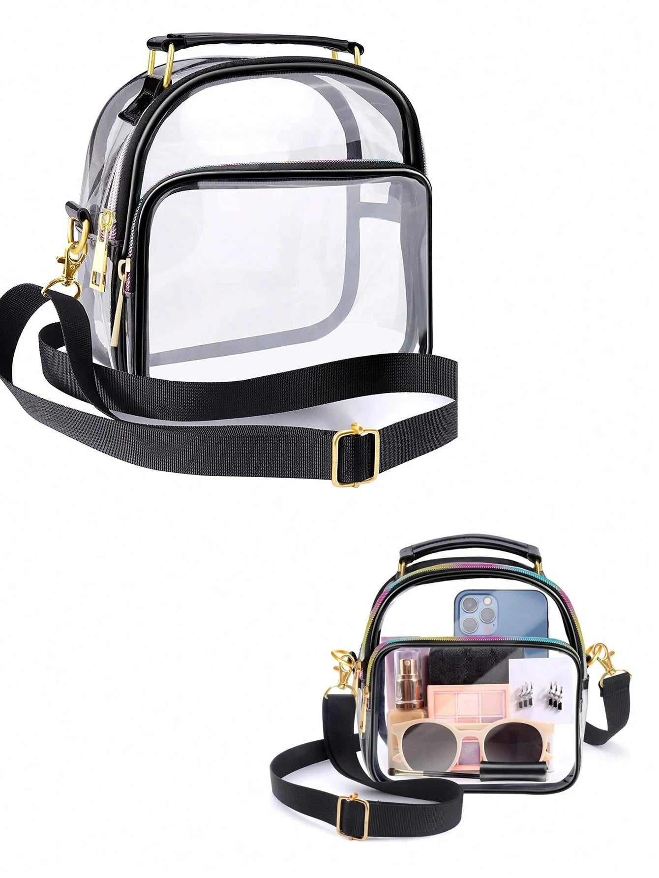 Women's Transparent PVC Mini Crossbody Bag With Black Trim Metal Hardware For Travel Sports Venues Concerts Daily Essentials