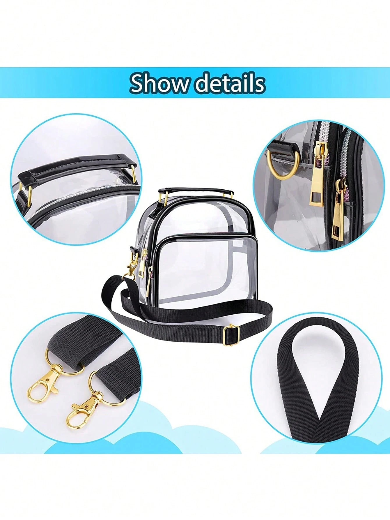 Women's Transparent PVC Mini Crossbody Bag With Black Trim Metal Hardware For Travel Sports Venues Concerts Daily Essentials
