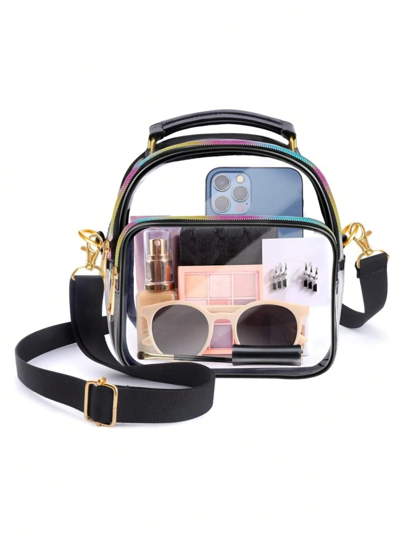 Women's Transparent PVC Mini Crossbody Bag With Black Trim Metal Hardware For Travel Sports Venues Concerts Daily Essentials