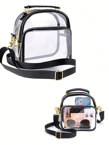 Women's Transparent PVC Mini Crossbody Bag With Black Trim Metal Hardware For Travel Sports Venues Concerts Daily Essentials
