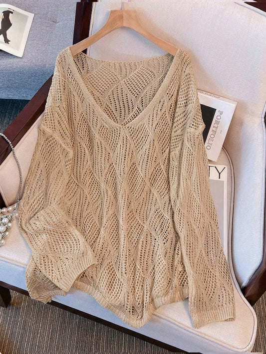 Women's V-Neck Hollow Rhombus Design Loose Knit Cover Up, Airy And Breathable For Beach/Resort Wear, Spring/Summer Vacation