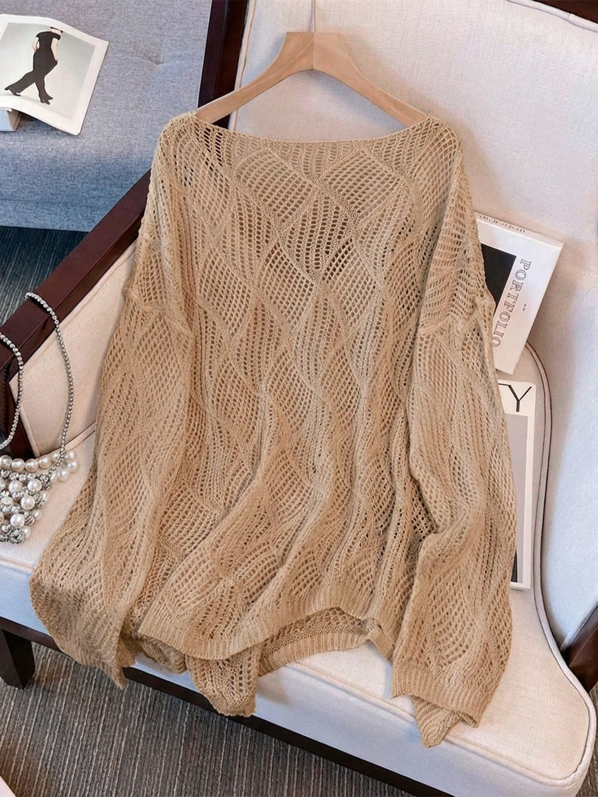 Women's V-Neck Hollow Rhombus Design Loose Knit Cover Up, Airy And Breathable For Beach/Resort Wear, Spring/Summer Vacation