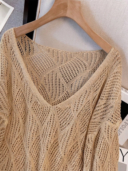 Women's V-Neck Hollow Rhombus Design Loose Knit Cover Up, Airy And Breathable For Beach/Resort Wear, Spring/Summer Vacation
