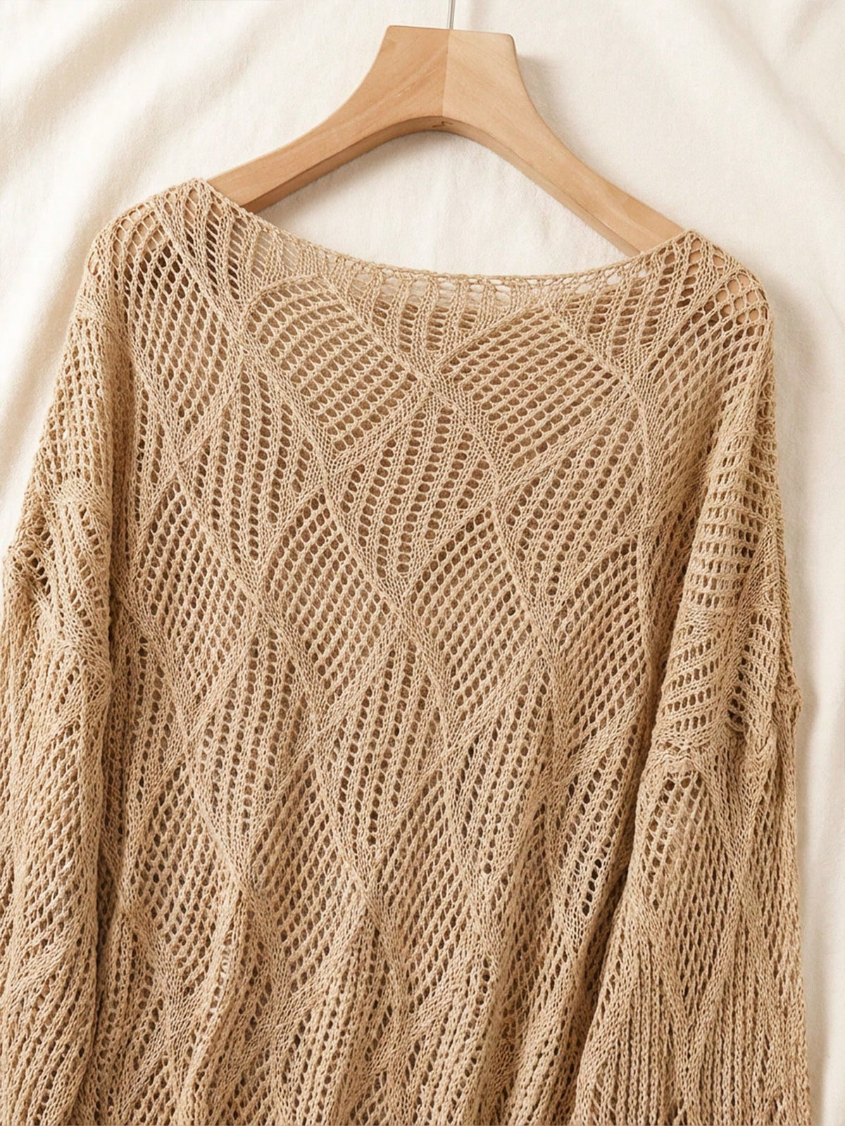 Women's V-Neck Hollow Rhombus Design Loose Knit Cover Up, Airy And Breathable For Beach/Resort Wear, Spring/Summer Vacation