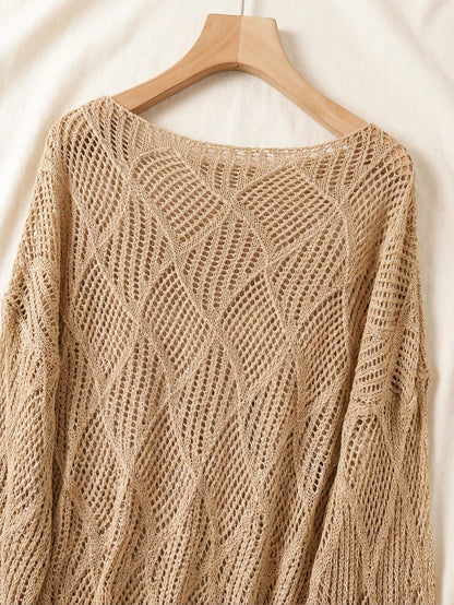 Women's V-Neck Hollow Rhombus Design Loose Knit Cover Up, Airy And Breathable For Beach/Resort Wear, Spring/Summer Vacation