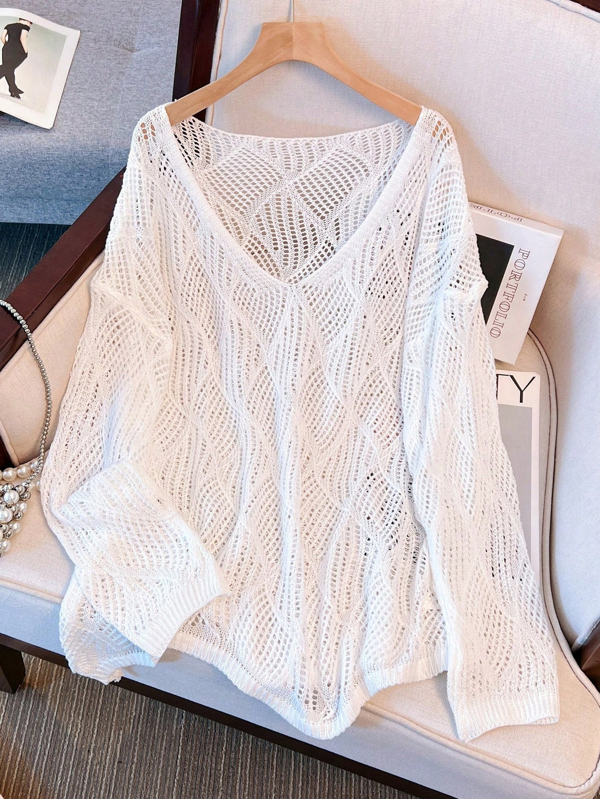 Women's V-Neck Hollow Rhombus Design Loose Knit Cover Up, Airy And Breathable For Beach/Resort Wear, Spring/Summer Vacation