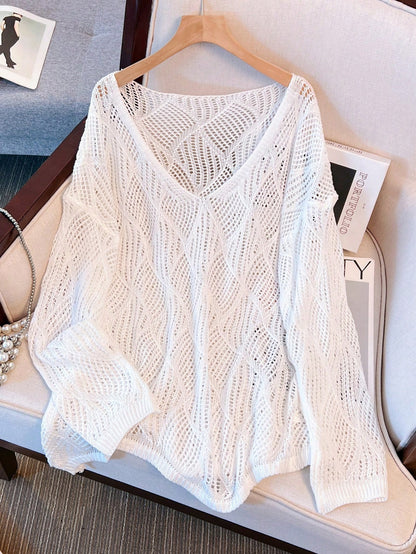 Women's V-Neck Hollow Rhombus Design Loose Knit Cover Up, Airy And Breathable For Beach/Resort Wear, Spring/Summer Vacation