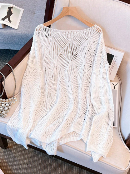 Women's V-Neck Hollow Rhombus Design Loose Knit Cover Up, Airy And Breathable For Beach/Resort Wear, Spring/Summer Vacation